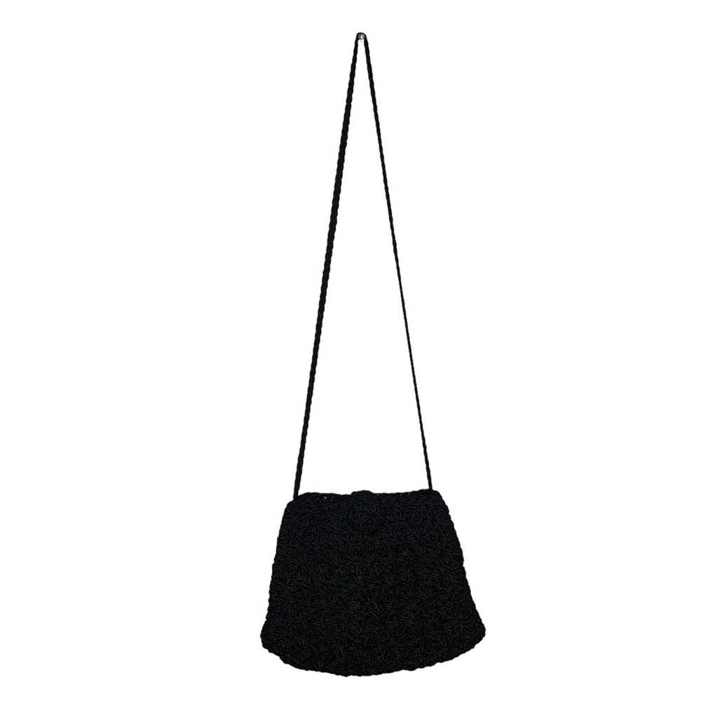 Vintage Black Crochet Purse Braided Crossbody Rose Silk Satin Inside